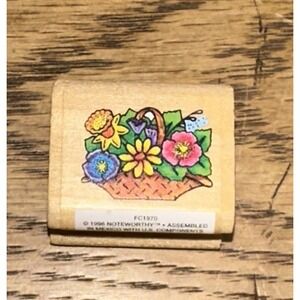 Vintage 1996 Noteworthy Flower Basket Floral‎ FC1970 Wood Mounted Rubber Stamp